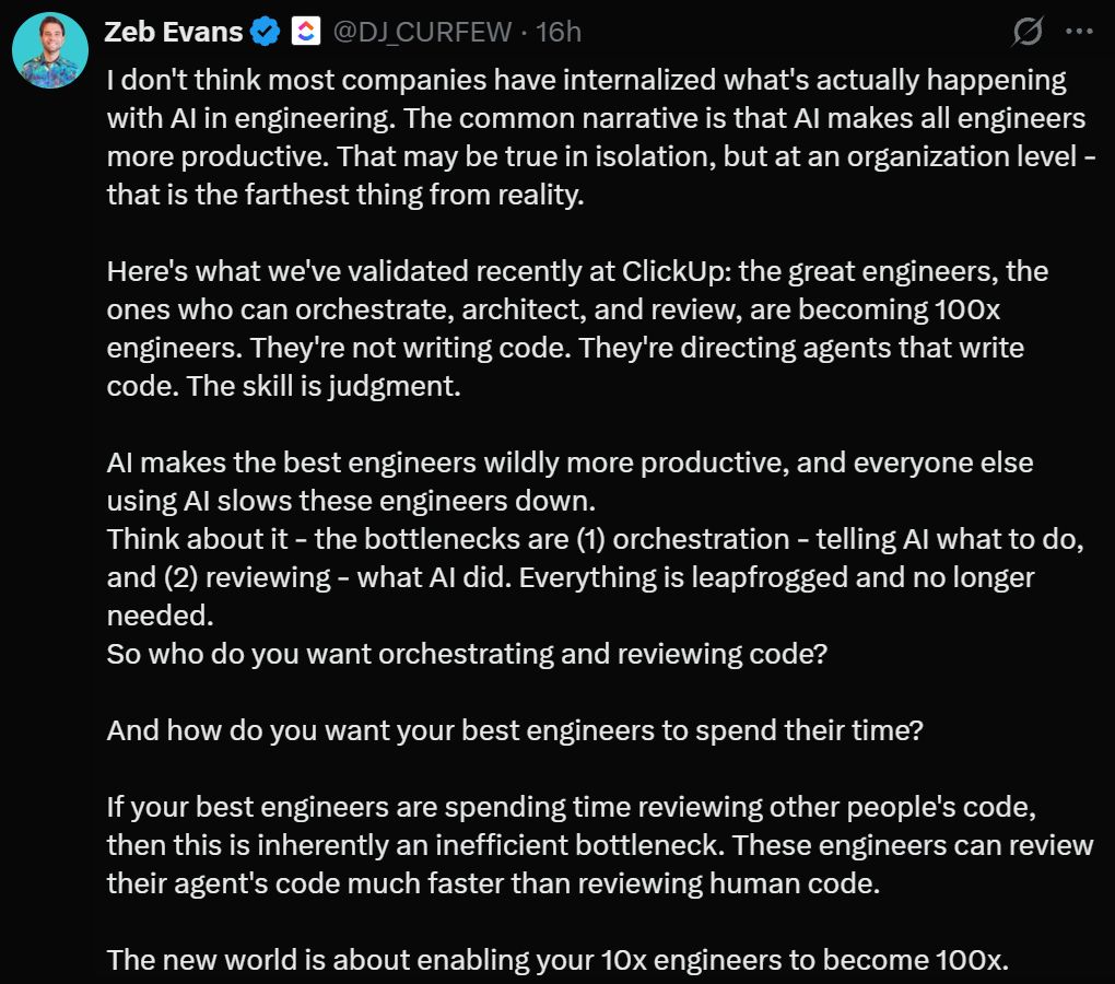 ClickUp CEO Zeb Evans on X explaining that AI makes the best engineers wildly more productive while everyone else using AI slows them down
