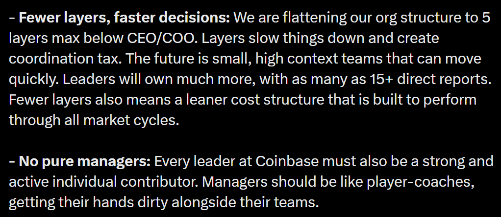 Brian Armstrong's email to Coinbase employees outlining a flatter org structure and the end of pure managers